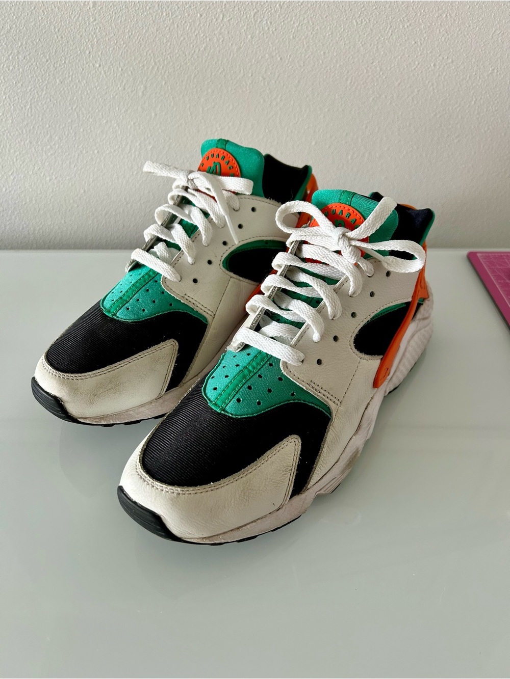 Nike Men’s Air Huarache White, Black, Green & Orange Retro Sneakers